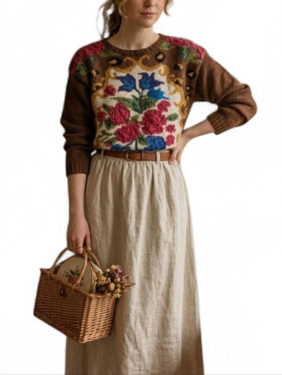 Sweaters - Vintage Floral Leopard Intarsia Knit Sweater Brown Red Cottagecore Grandmacore M